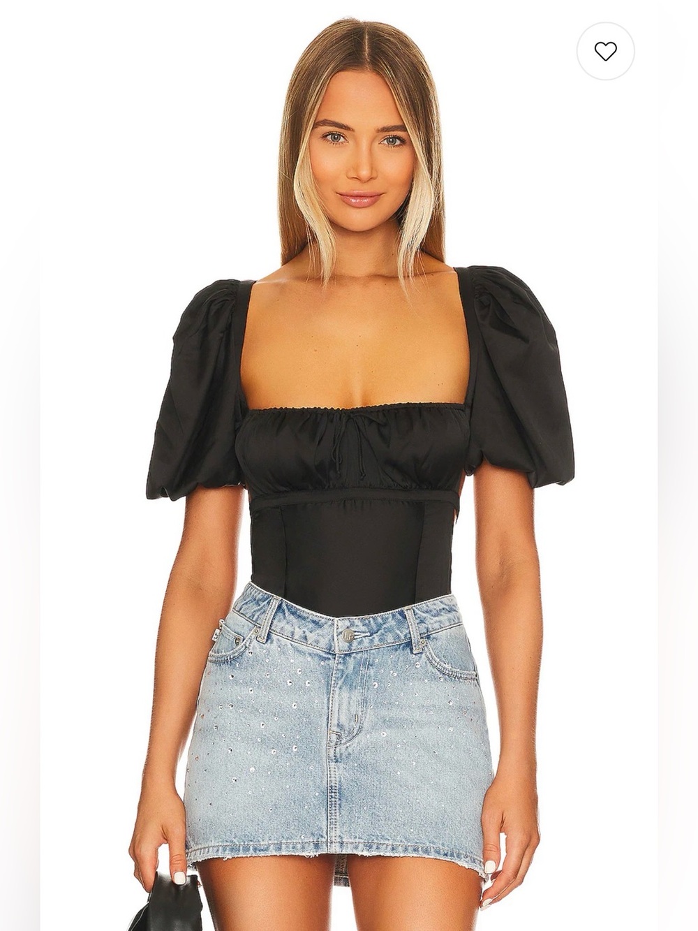 For Love & Lemons Dany Black Satin Puff Sleeve Bodysuit - Like New Without Tags